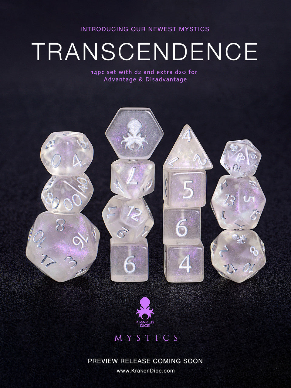 Transcendence Silver Ink Mystics 14pc Dice Set With Kraken Logo